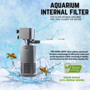 Exshanich Aquarium Internal Filter 4 in 1 High Power Oxygen Filteration System 1500F Green Series 50% Energy Saving, 15w AC 220 240V MAX Output 880L/H, 1 Piece